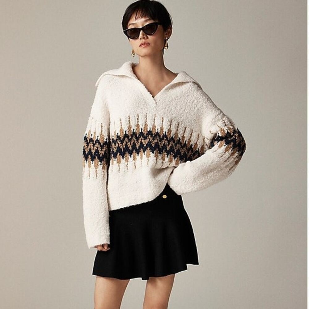J. Crew Fair Isle Johnny-Collar Pullover Sweater in Boucle Yarn Size XL NWT